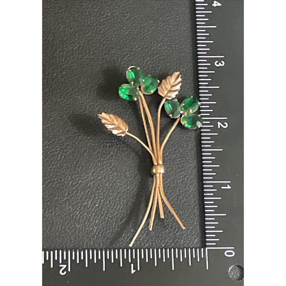 CORO Sterling Floral Brooch Rose Gold Tone Green Rhinestone Pin Delicate Vintage - Picture 8 of 9